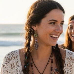 HAND CRAFTED BOHEMIAN PIERCED EARRINGS Czech Glass Green Purple Floral Dangle